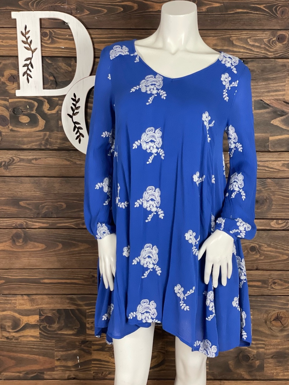 Altar'd State | Royal Blue Floral Long-Sleeve Swing Dress Open Back Floral Lace